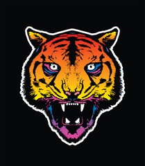 Evil tiger head. Original vector illustration in vintage style. T-shirt design.
