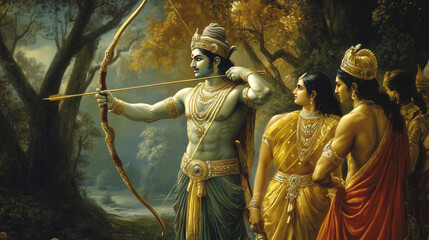 A scene of Lord Rama stringing his powerful bow, with Sita and Lakshmana standing by his side, set in a forest backdrop
