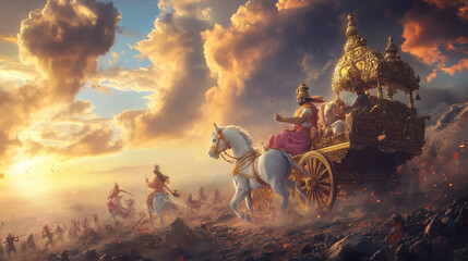 A depiction of Arjuna receiving the Bhagavad Gita from Lord Krishna on a chariot, amidst a battlefield with dramatic skies