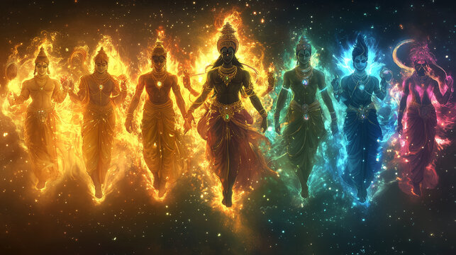 An awe-inspiring visualization of the ten avatars of Lord Vishnu (Dashavatara), each form glowing with divine energy and unique characteristics