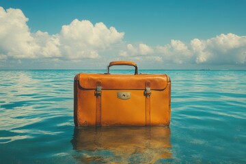 Suitcase sitting in the middle of the ocean