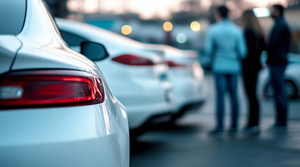 A close-up of a new car's taillight in a parking lot, with a dealer and clients on the blurred background.