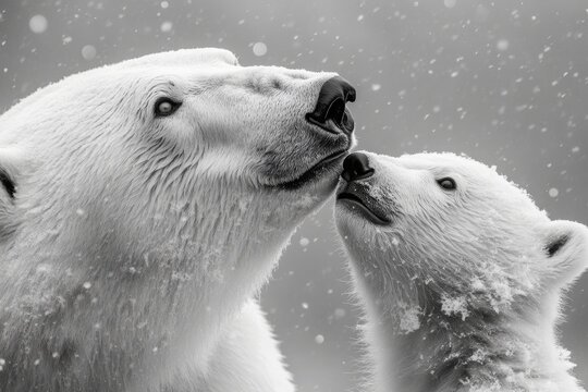 Mother polar bear and cub nuzzling in snowstorm