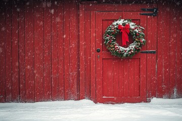 Simple wreath hanging on red barn door in snow