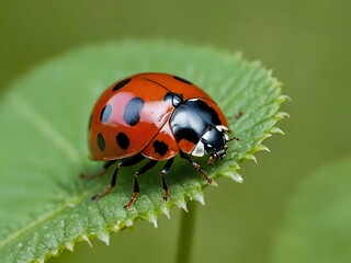 Fototapeta premium ladybug on green leaf