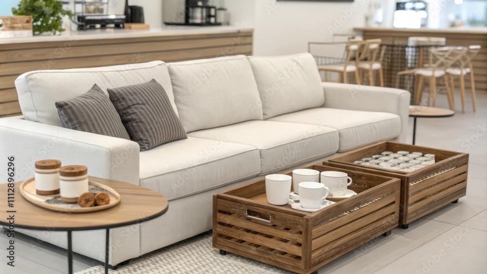 Aufkleber The inviting lounge area showcases a streamlined sofa with a monochromatic palette grouped with nested coffee tables that unfold for gatherings providing functional and
