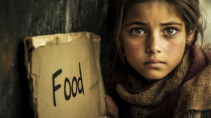 Young girl seeking help with food sign, highlighting refugee crisis