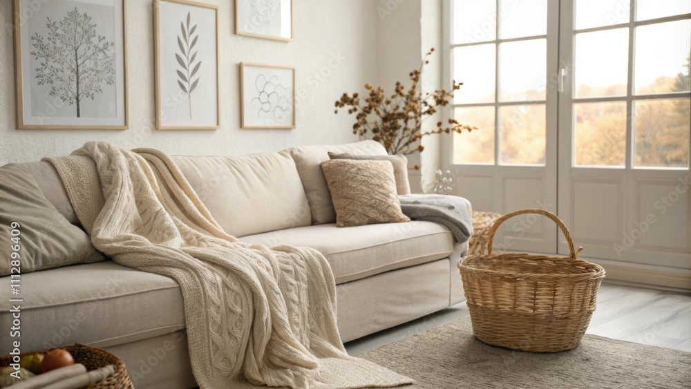 Poster a tranquil room showcasing a comfortable sectional couch covered in soft fabrics a woven basket for 