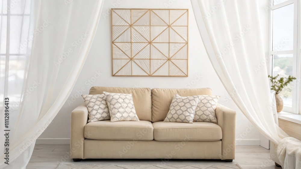 Aufkleber in a tastefully minimalist setting a cozy beige sofa serves as the focal point paired with abstract 