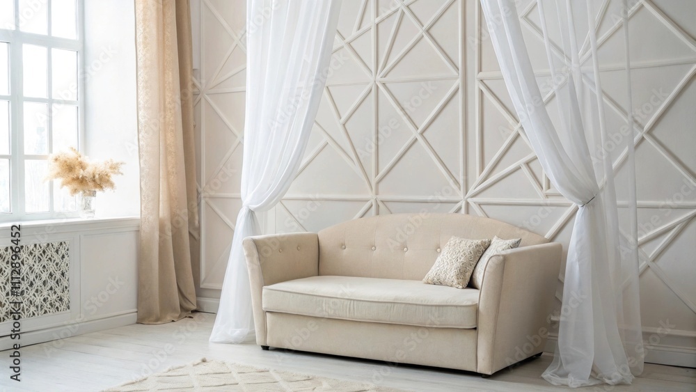 Poster an elegant minimalist corner displays a light beige sofa surrounded by bold geometric wall art with 