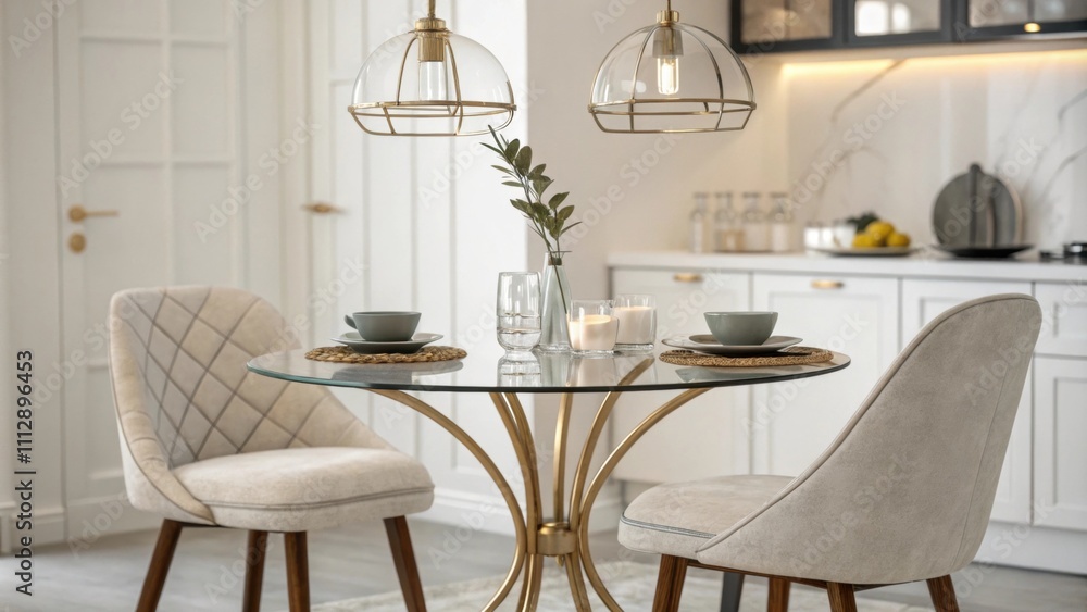 Aufkleber An elegant space showcasing a glasstopped dining table paired with simple yet stylish seating accentuated by modern metal light fixtures that add a touch of sophistication.