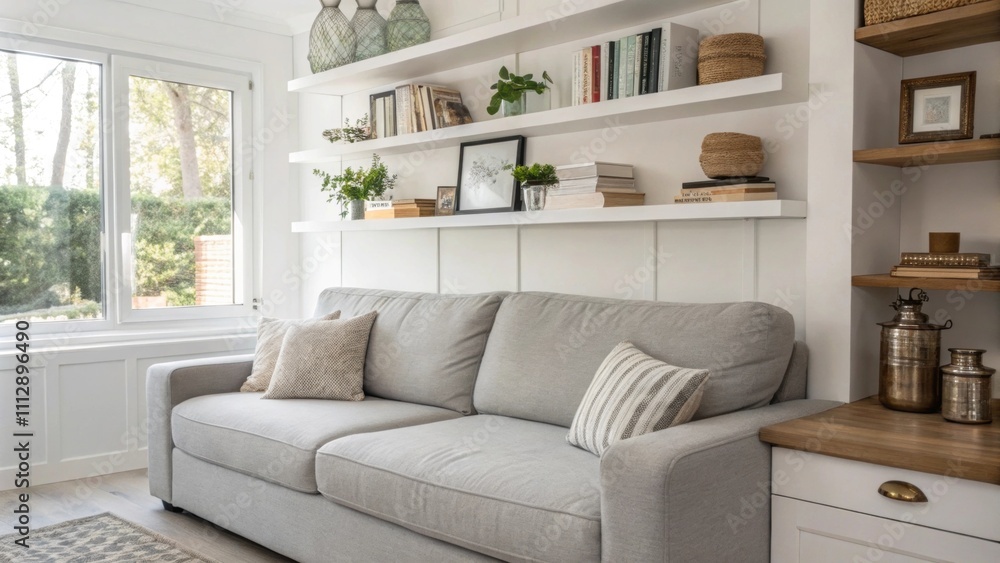 Poster A bright and airy living area highlights a comfortable gray sectional sofa complemented by minimalist floating shelves that hold a mix of books and metallic ornaments