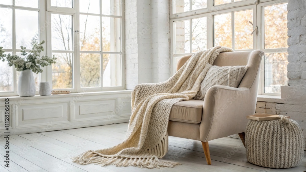 Poster natural light filters through large windows illuminating the soft textures of the woven throw blanke