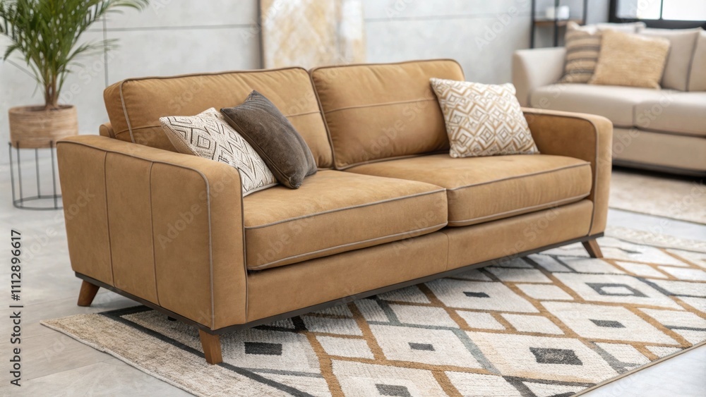 Poster A contemporary minimalist space showcasing a timeless modular sofa in warm sand tones accented by a chic geometric rug that adds visual interest to the otherwise subdued