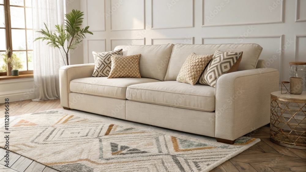Poster A serene living room environment defined by neutral fabrics and textures featuring a versatile modular sofa and an artistic rug with angular designs all set in soft natural