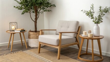 Fototapeta premium A softly lit corner showcasing a simple armchair with light gray upholstery surrounded by gentle wooden side tables and a small indoor tree that brings a touch of nature