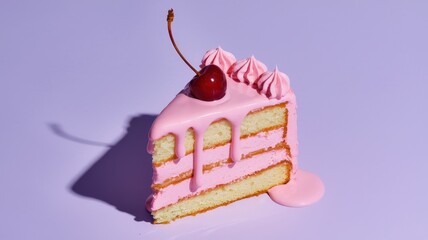 Cake slice with pink frosting, white icing drip, and cherry against purple