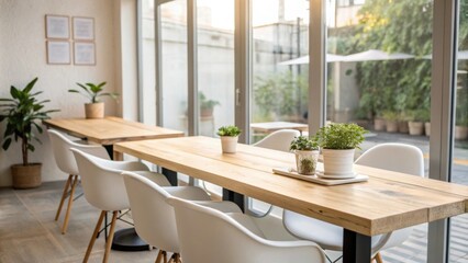 Fototapeta premium A contemporary dining space characterized by a long light wood table paired with minimalist chairs where bright natural light pours through panoramic glass doors enhancing