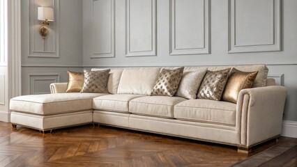 A bright living area featuring a plush sectional sofa adorned with metallic cushions set against a backdrop of light gray walls and polished hardwood floors.