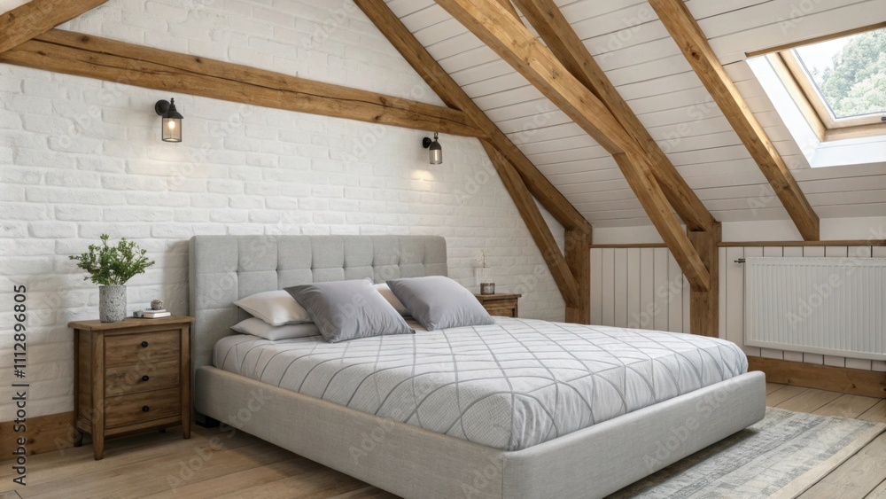 Poster cozy bedroom setting with a padded gray bed against a backdrop of white walls accentuated by wooden 
