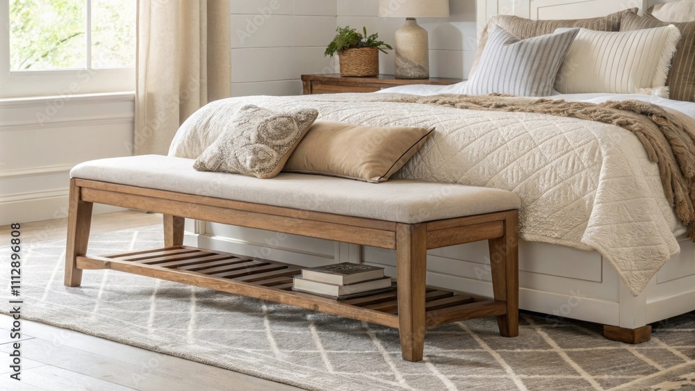 Poster a tranquil arrangement with a wooden bench at the foot of the bed surrounded by plush cushions in mu