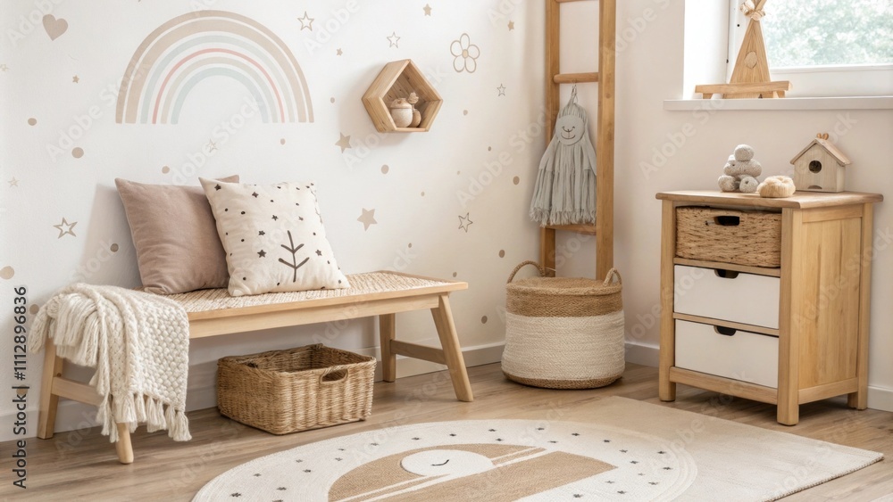 Aufkleber a tranquil room adorned with light wooden elements including a rustic nightstand and a simple bench 