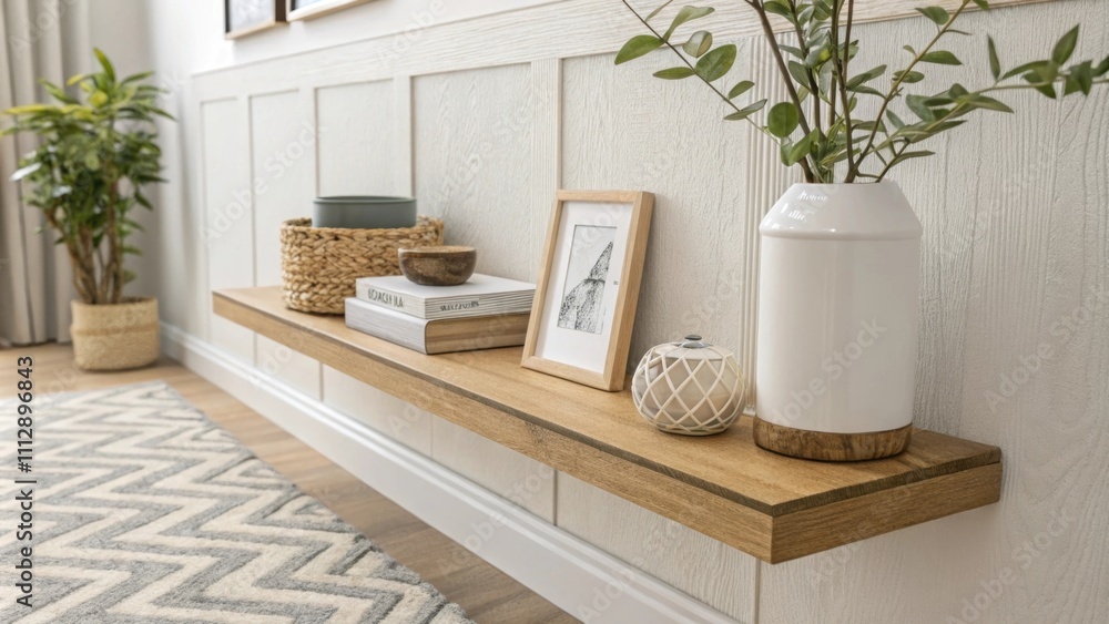 Aufkleber The interior showcases a clean modern aesthetic with a floating wooden shelf displaying curated items set against a backdrop of a lightcolored wall and a subtle textured