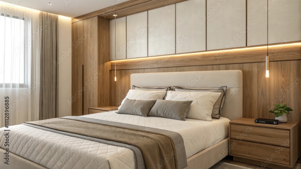 Poster a tranquil sleeping space features a contemporary wooden headboard complemented by understated neutr