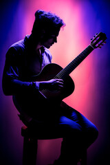 Fototapeta premium Purple silhouette of a male guitarist musician playing an acoustic guitar in an abstract music theme setting performing at a concert hall for a poster or flyer, musical stock illustration image 