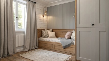A cozy nook showcasing a wooden headboard against pale gray walls with curtains filtering natural light and creating a peaceful ambiance enhanced by a plush area rug.