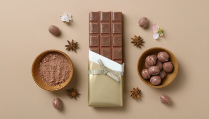 옛날 복고풍 포장지로 감싸인 초콜릿 바와 주변 소품들