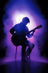 Purple silhouette of a male guitarist musician playing an acoustic guitar in an abstract music theme setting performing at a concert hall for a poster or flyer, musical stock illustration image 