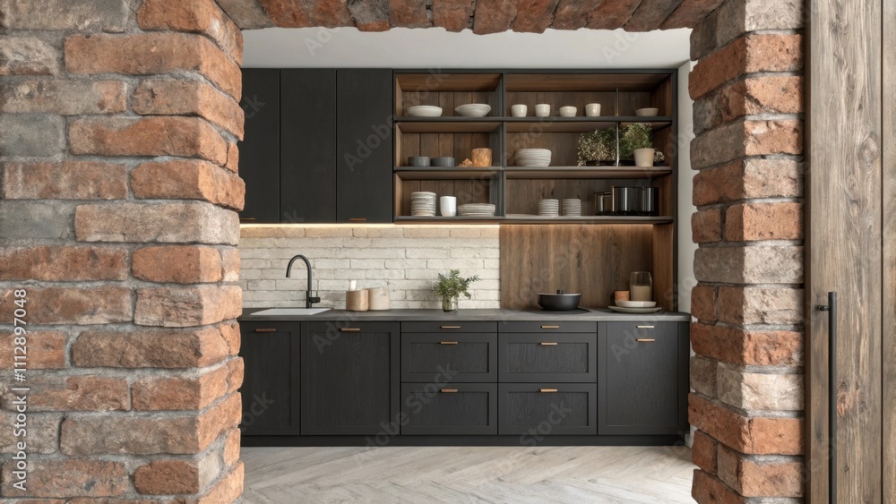 Aufkleber the kitchen showcases a mixture of rustic and modern elements with rough brickwork framing the space