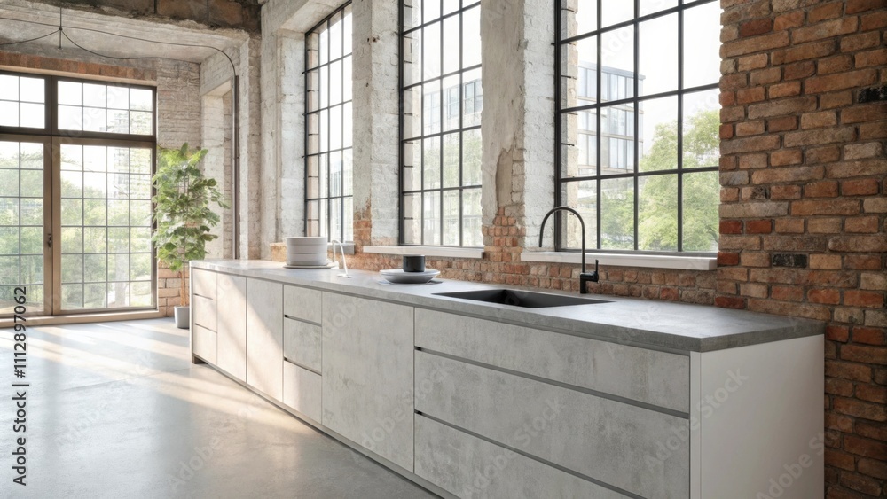 Poster a stylish kitchen space adorned with weathered brick accents and seamless polished concrete counters