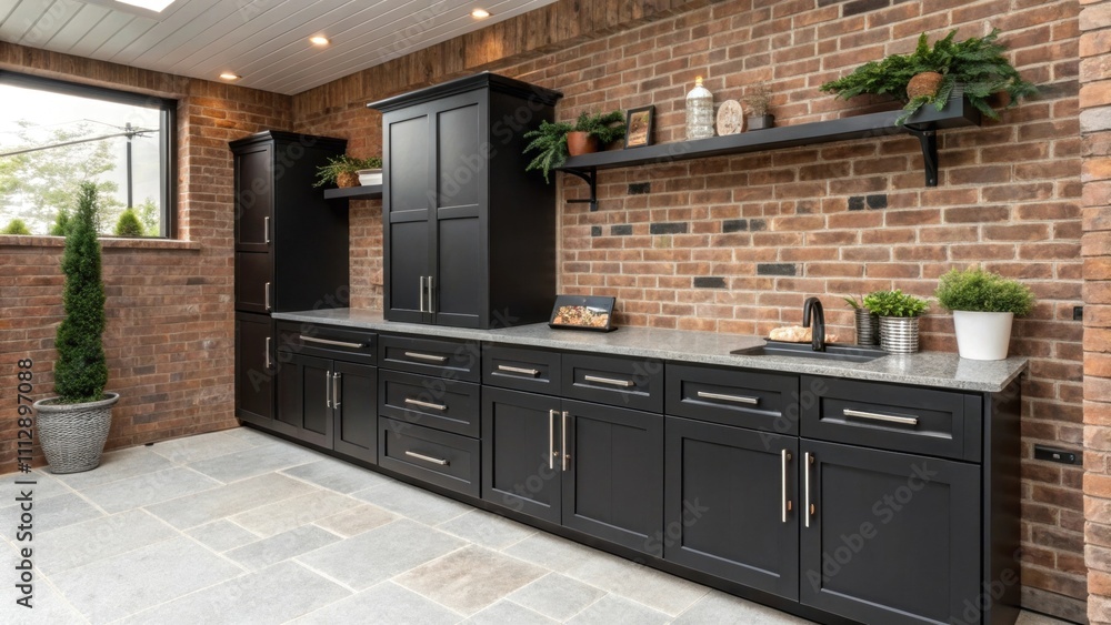 Aufkleber a combination of dark cabinetry and polished countertops creates a striking contrast against the rus