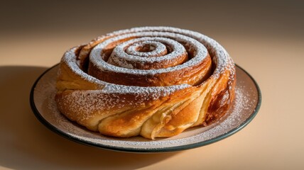 Fototapeta premium Cinnamon roll pastry with powdered sugar on plate, close-up food photography