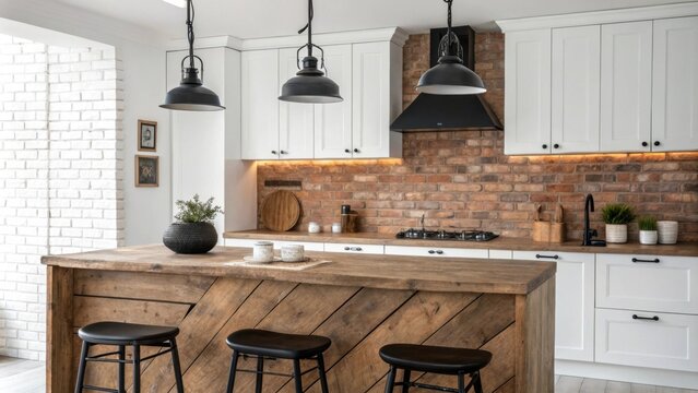 A beautifully designed kitchen with an exposed brick backsplash a stylish reclaimed wood island as the focal point and striking black metal light fixtures creating an edgy