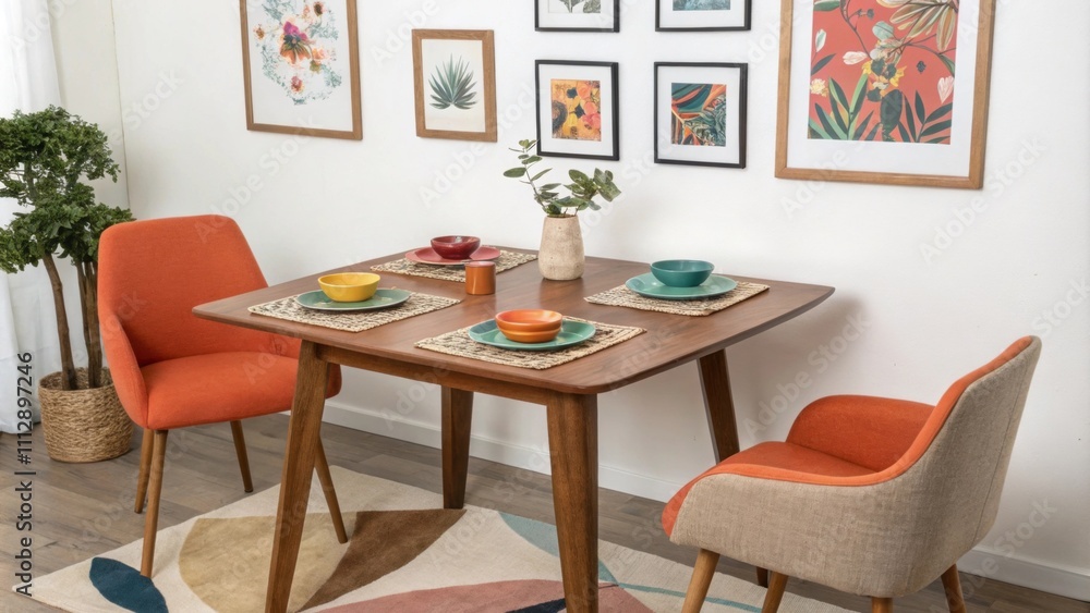 Poster a stylish dining nook characterized by a rectangular wood table accented with colorful dishware fram