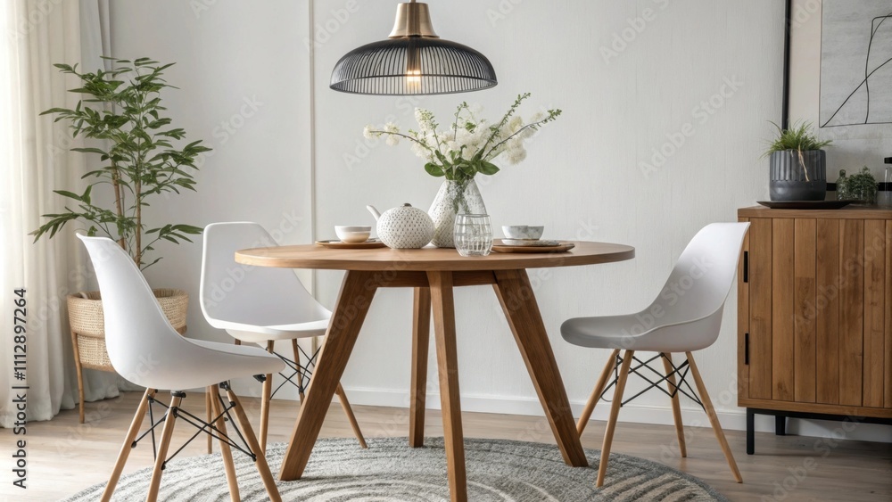 Poster A contemporary dining area characterized by a warm wooden table paired with matching minimalist chairs with a focus on clean lines and unobtrusive decor illuminated by a