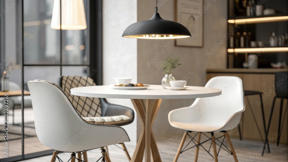 Poster this dining corner presents a contemporary round table paired with minimalist chairs accented by a b