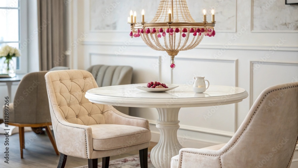 Poster An inviting space showcasing a classic round table that exudes a timeless charm complemented by soft upholstered seating and a striking midcentury chandelier that adds a pop