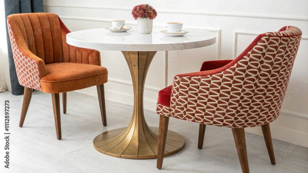 Poster A stylish retroinspired dining nook with a smooth round table elegantly designed tapered legs and plush upholstered chairs in bold patterns.
