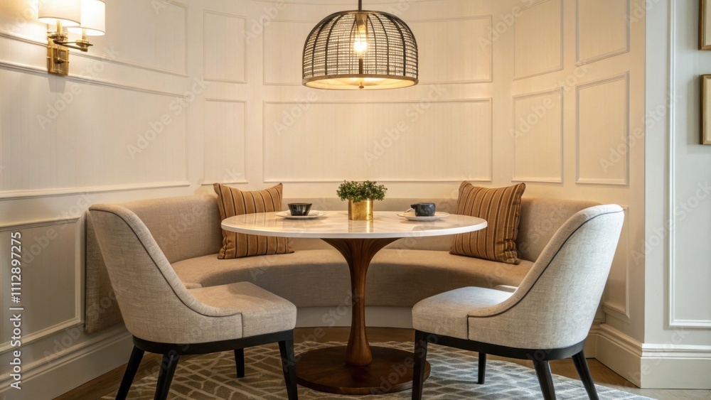 Poster A charming nook displaying a retro round table flanked by comfortable upholstered chairs illuminated by a graphic midcentury light fixture that provides an artistic focal