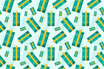 Vector illustration of a festive pattern with a box in paper and a bow. Bright pattern design. Seamless pattern design for holidays and parties