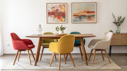 A cheerful dining space featuring a sleek rectangular wooden table complemented by a set of retroinspired chairs in various hues with a large bold painting that captures