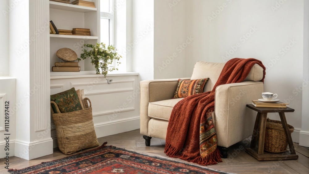 Aufkleber A tranquil alcove ideal for reading featuring a low inviting armchair surrounded by rich layered rugs and a large eyecatching throw that adds warmth and character to the