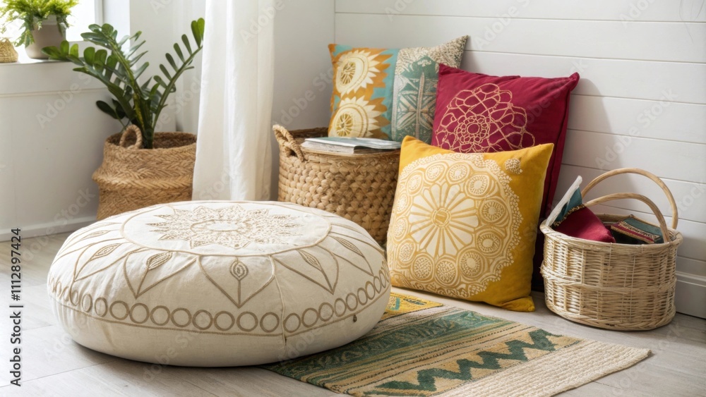 Poster a bright and inviting nook featuring a plush pouf with intricate designs a collection of vibrant pil