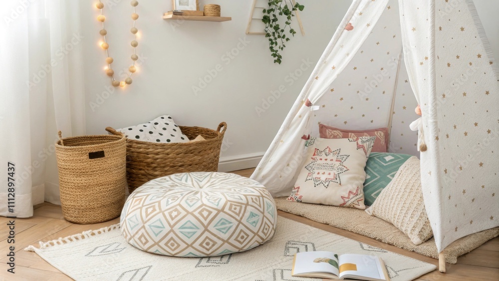 Poster a delightful reading area showcasing a unique patterned pouf a cozy assortment of handstitched cushi