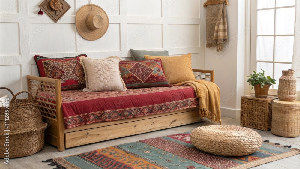 Poster a charming space centers around a daybed layered with richly colored fabrics and an eclectic mix of 