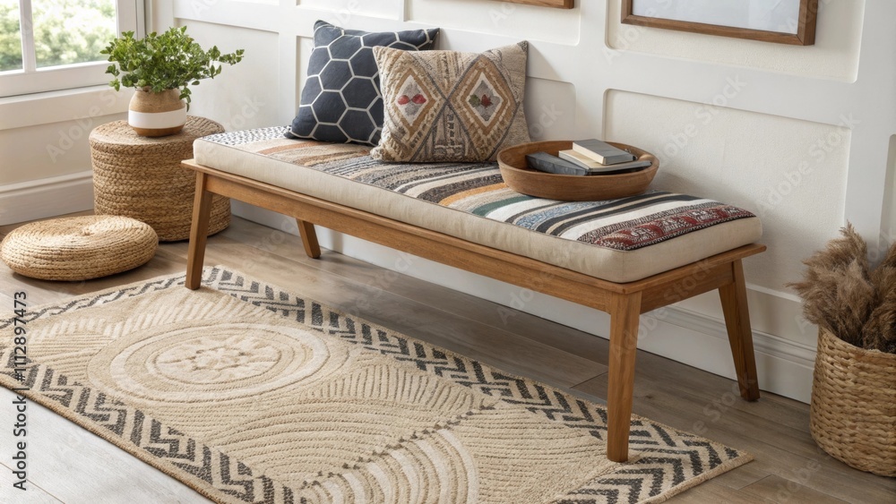 Poster A sleek wooden bench offers a warm seating option surrounded by a diverse array of strikingly patterned cushions while multiple area rugs of various textures interweave